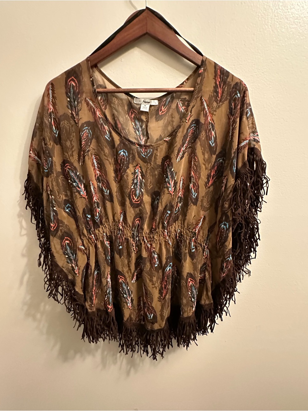 #298 Papaya Brown Feather-Print Fringe Tunic Top with Teal & Rust Accents